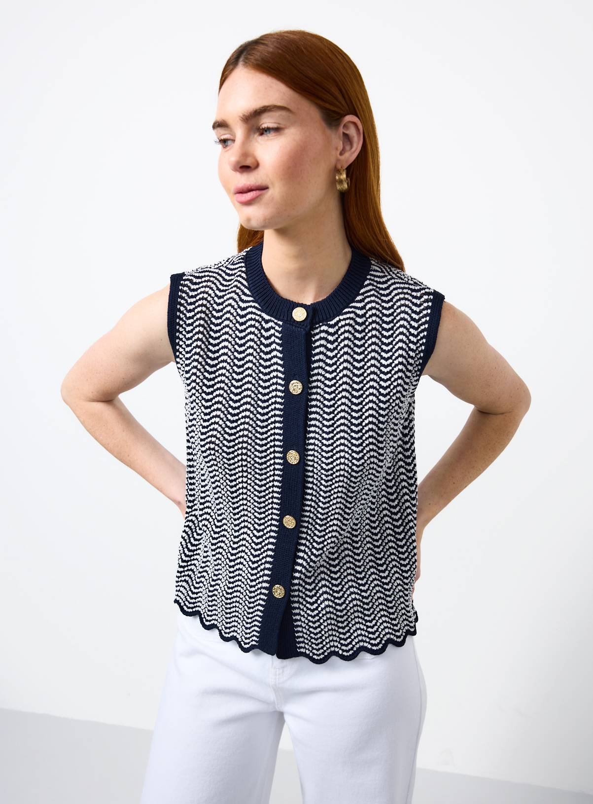 Mono Wavy Stripe Gold Button Waistcoat S - Image 1