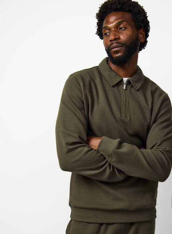 Khaki Twill Collared Half Zip Sweatshirt L