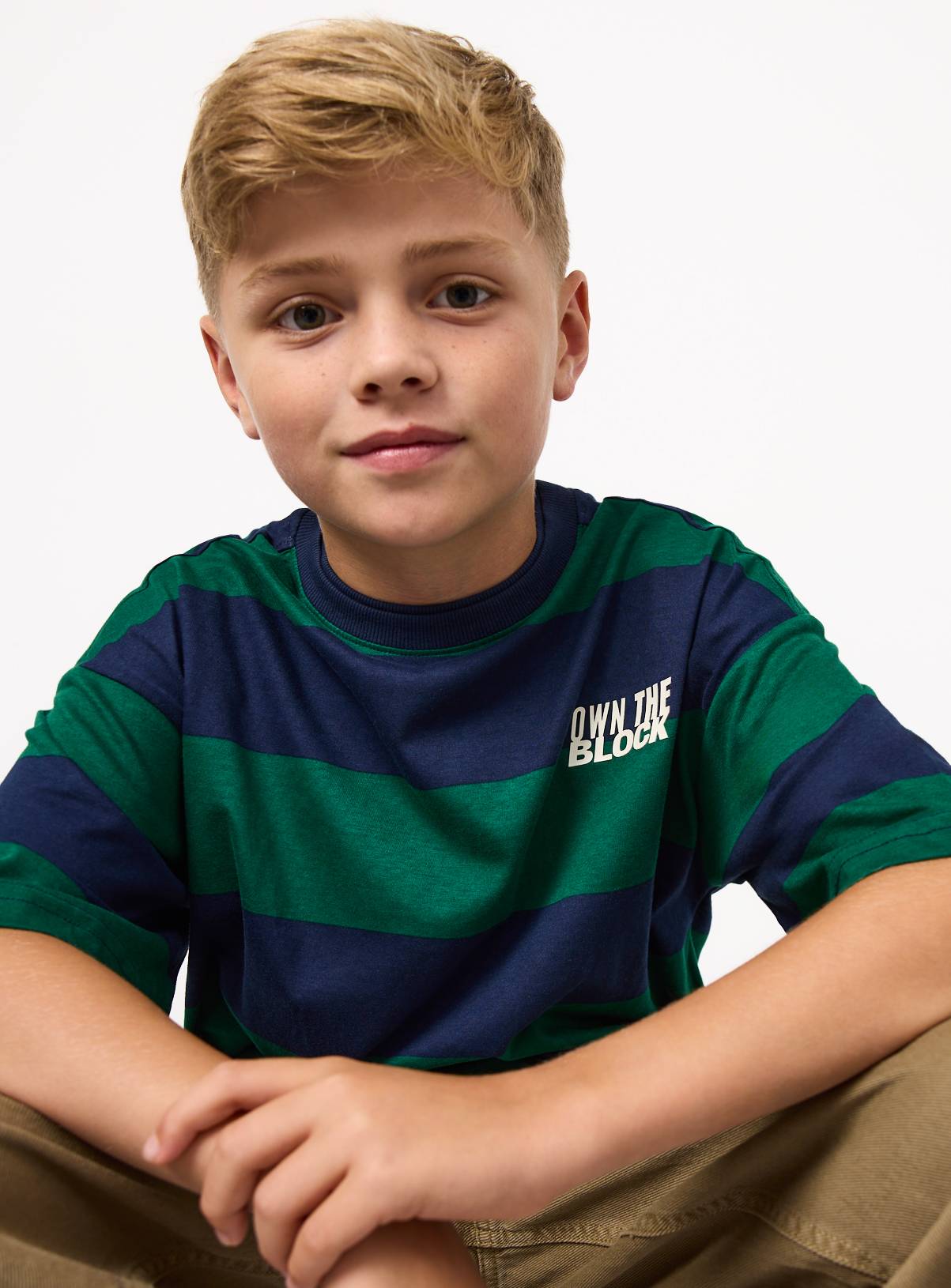 Navy & Green Own The Block Stripe T-Shirt 11 years - Image 1
