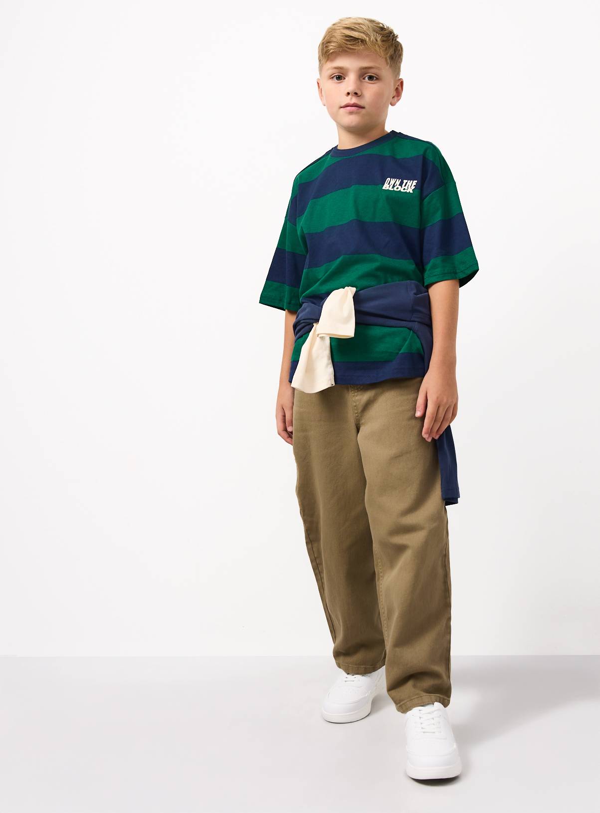 Navy & Green Own The Block Stripe T-Shirt 11 years - Image 2
