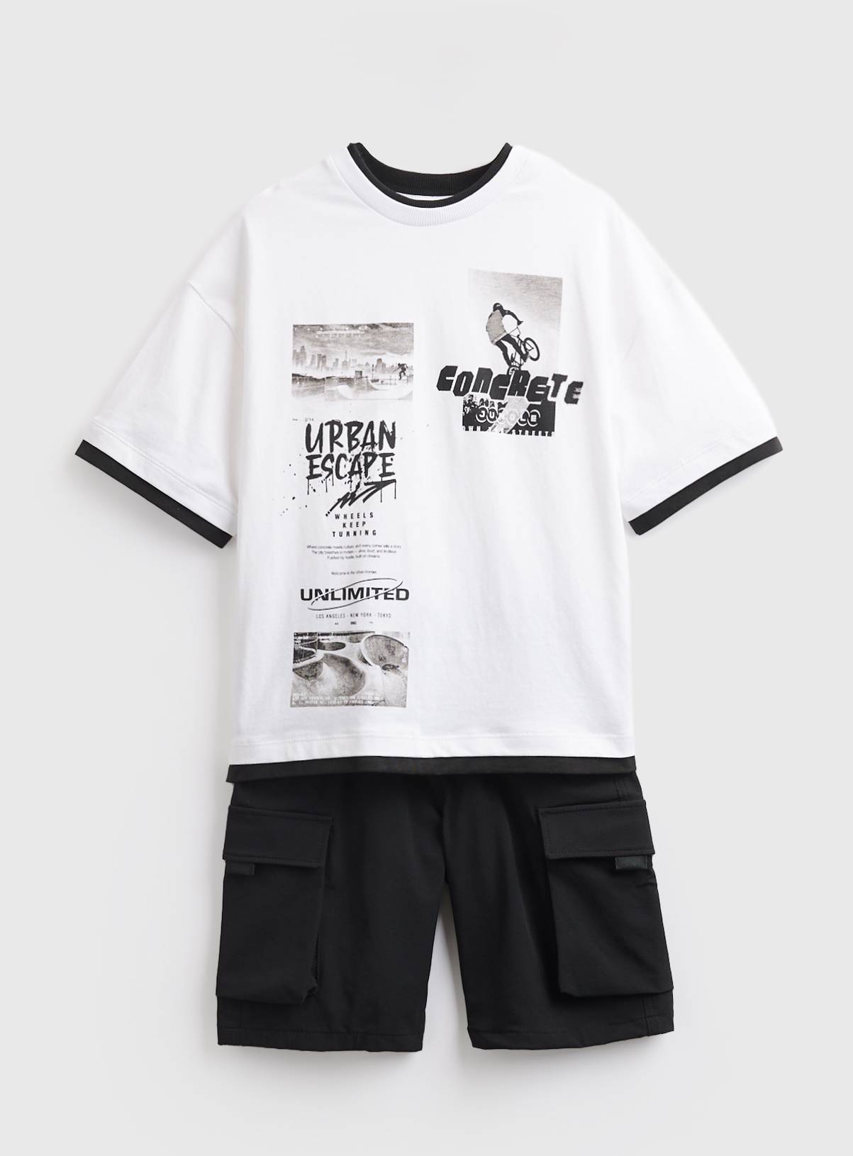 Black & White Skate Park Shorts & T-Shirt 2-Piece Set 10 years - Image 1