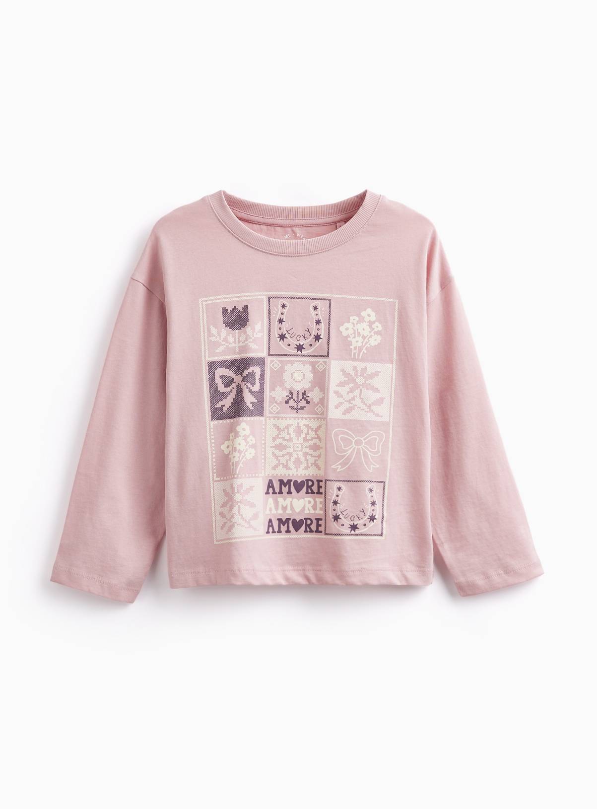 Pink Patchwork Flower Graphic Long Sleeve T-Shirt 3-4 years - Image 1