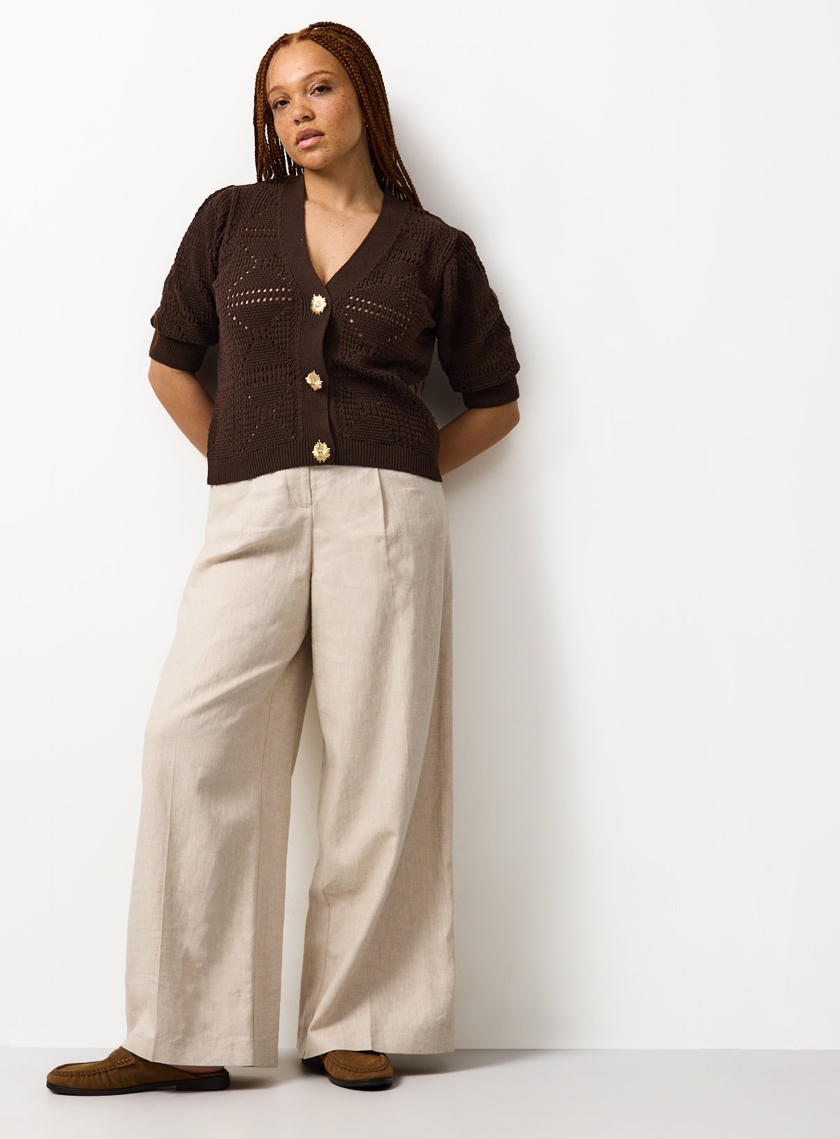 Buy Brown Crochet Style Volume Sleeve Cropped Cardigan 10