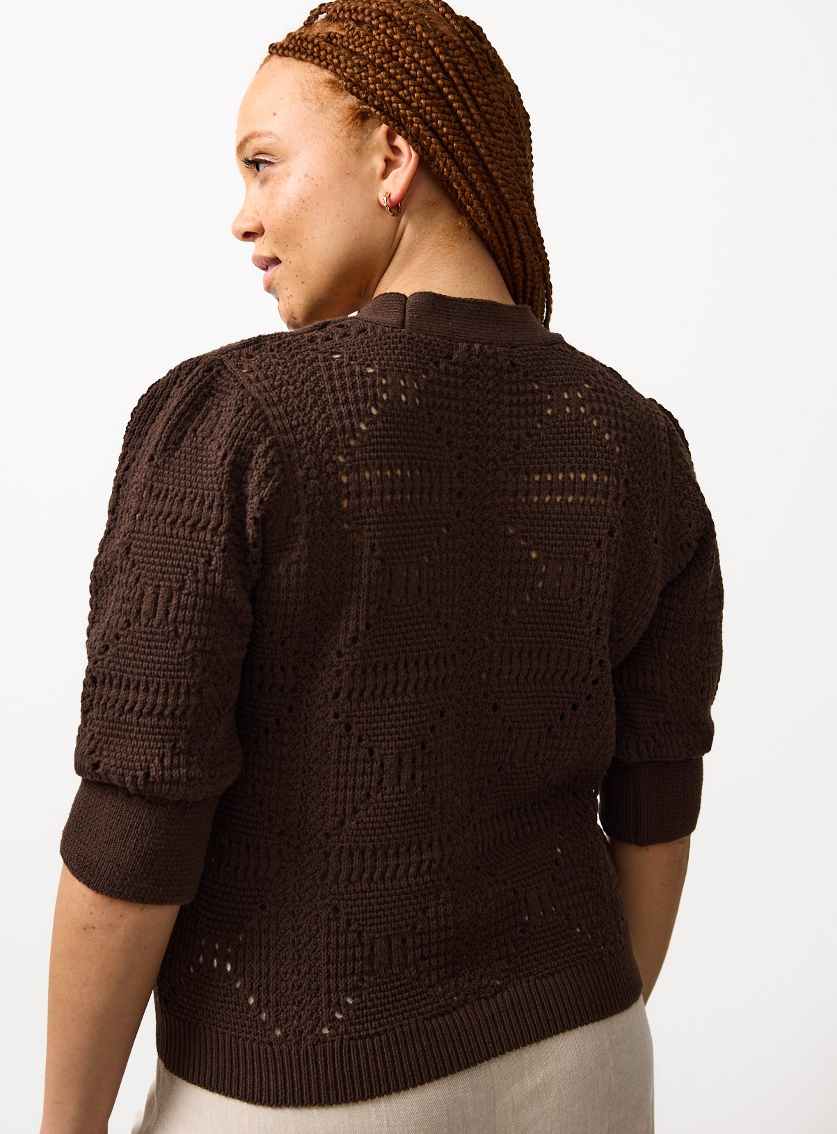 Brown Crochet Style Volume Sleeve Cropped Cardigan 14 - Image 4 thumbnail