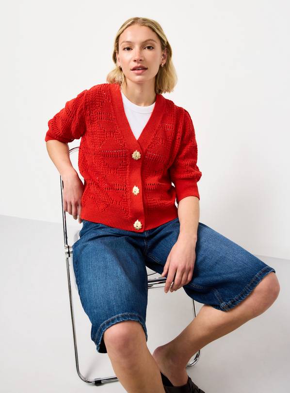 Red Crochet Style Volume Sleeve Cropped Cardigan 24