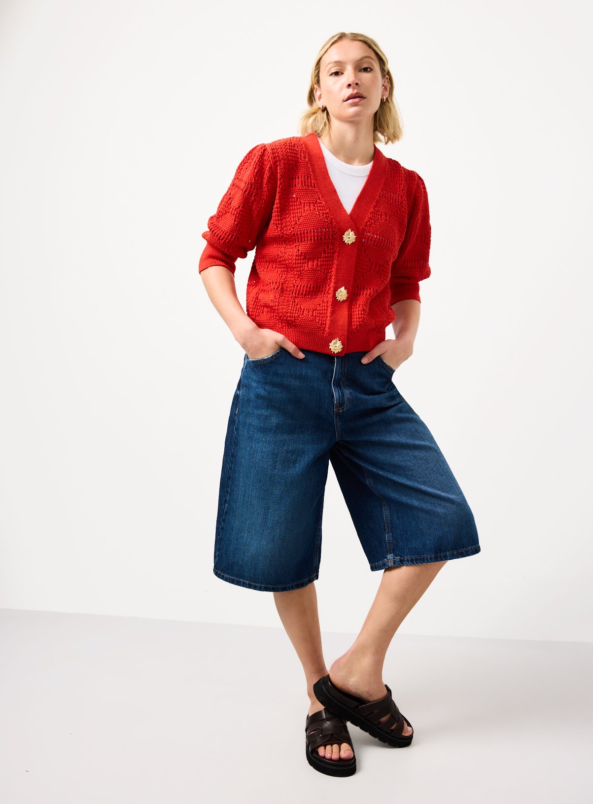 Red Crochet Style Volume Sleeve Cropped Cardigan 10 - Image 3 thumbnail