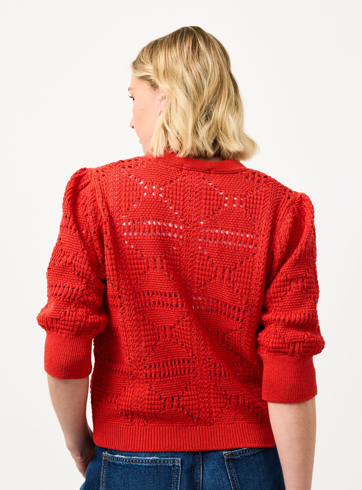 Red Crochet Style Volume Sleeve Cropped Cardigan 10 - Image 4 thumbnail