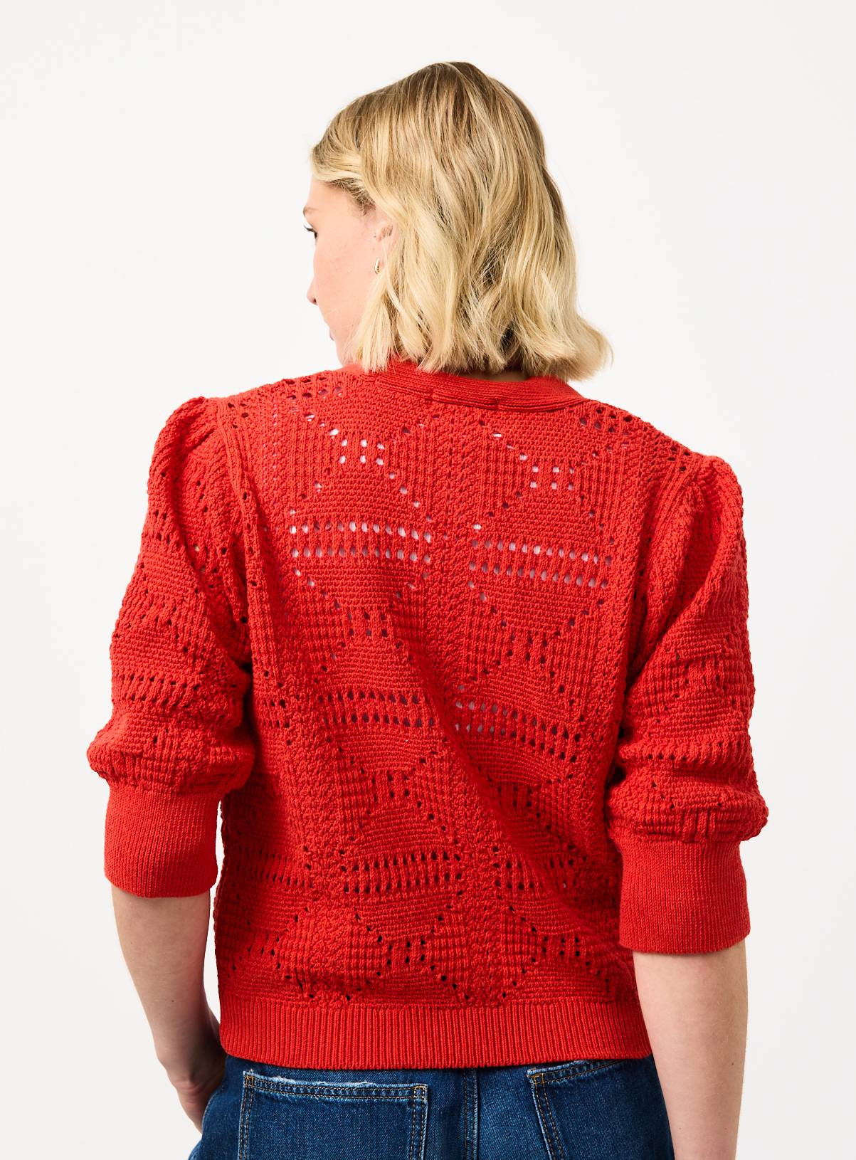 Red Crochet Style Volume Sleeve Cropped Cardigan 10 - Image 4