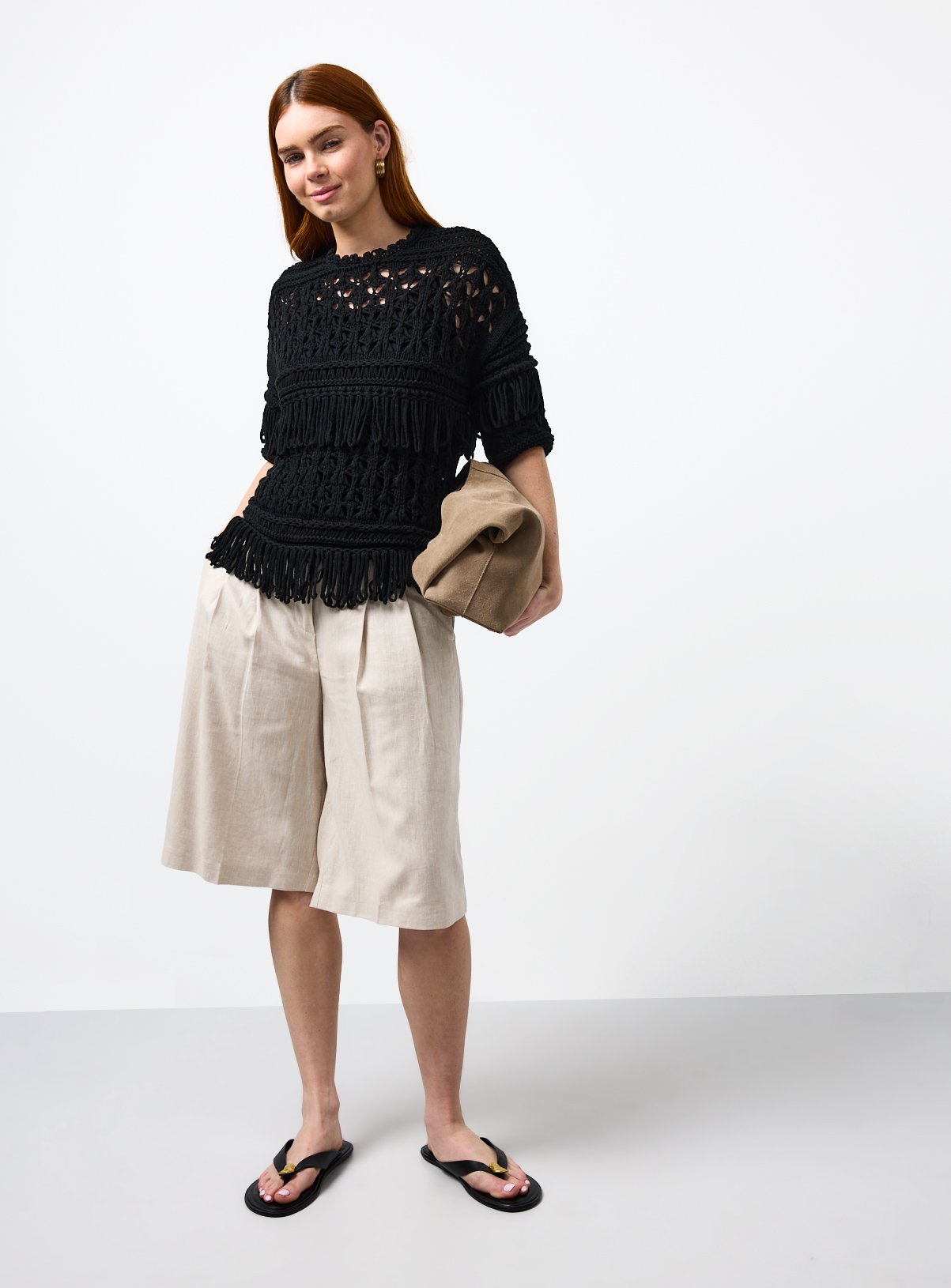 Black Fringed Open Stitch Cable Knit Jumper M - Image 2 thumbnail