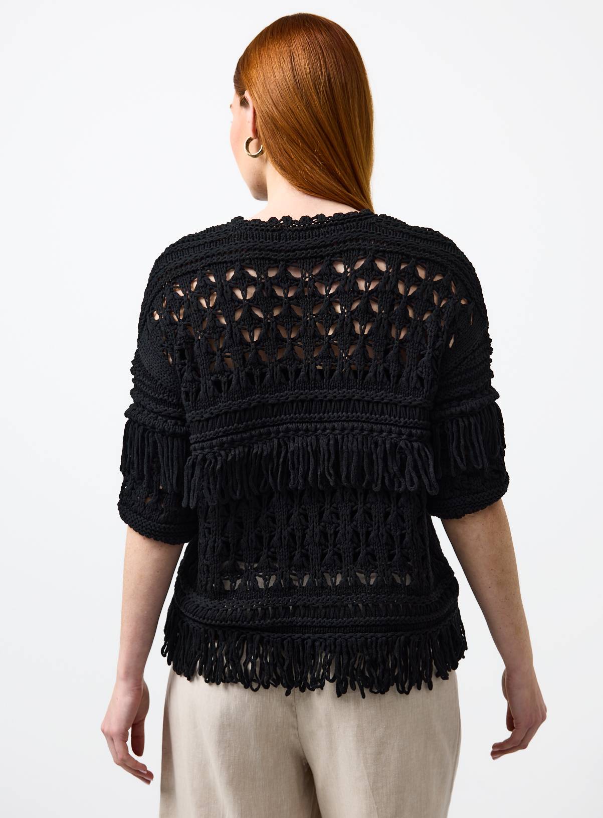 Black Fringed Open Stitch Cable Knit Jumper M - Image 4