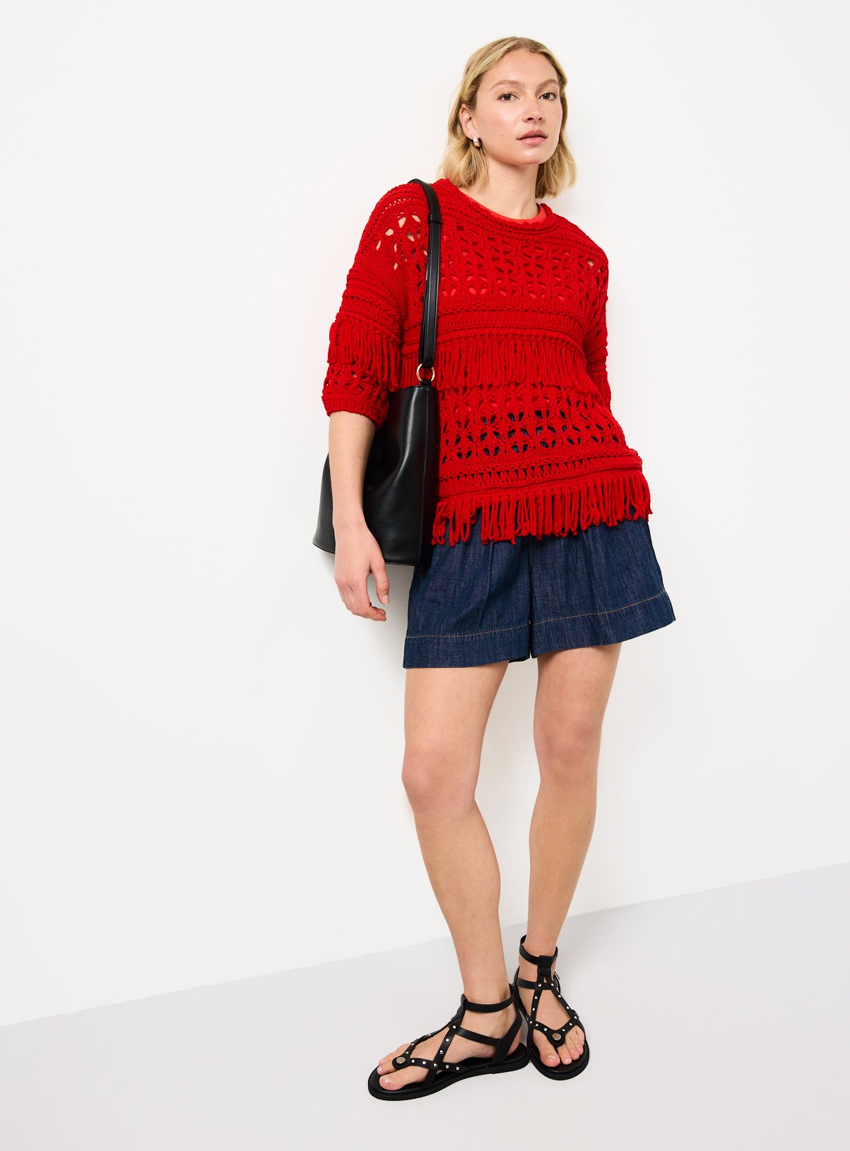 Red Fringed Open Stitch Cable Knit Jumper L - Image 2 thumbnail