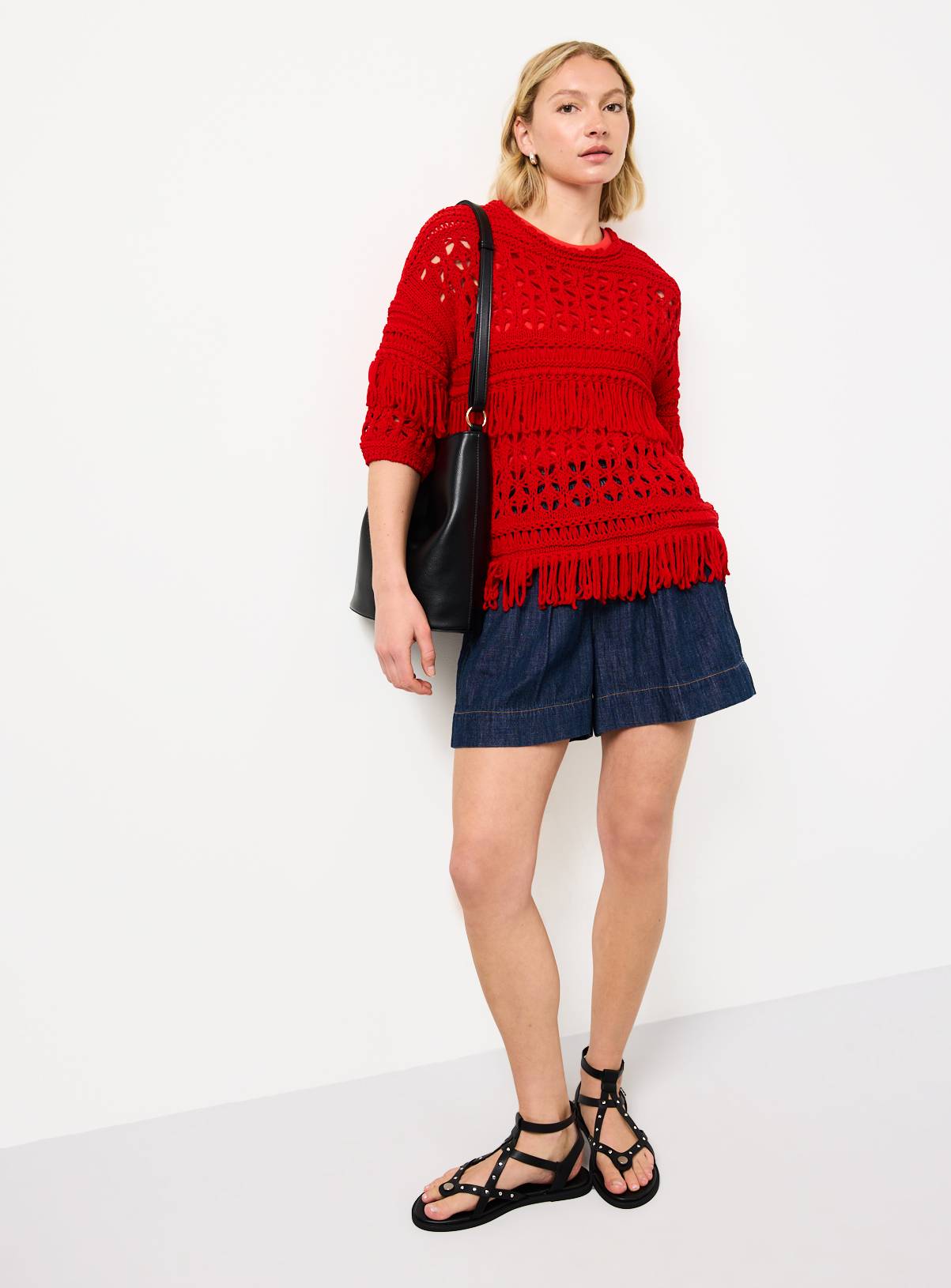 Red Fringed Open Stitch Cable Knit Jumper L - Image 2