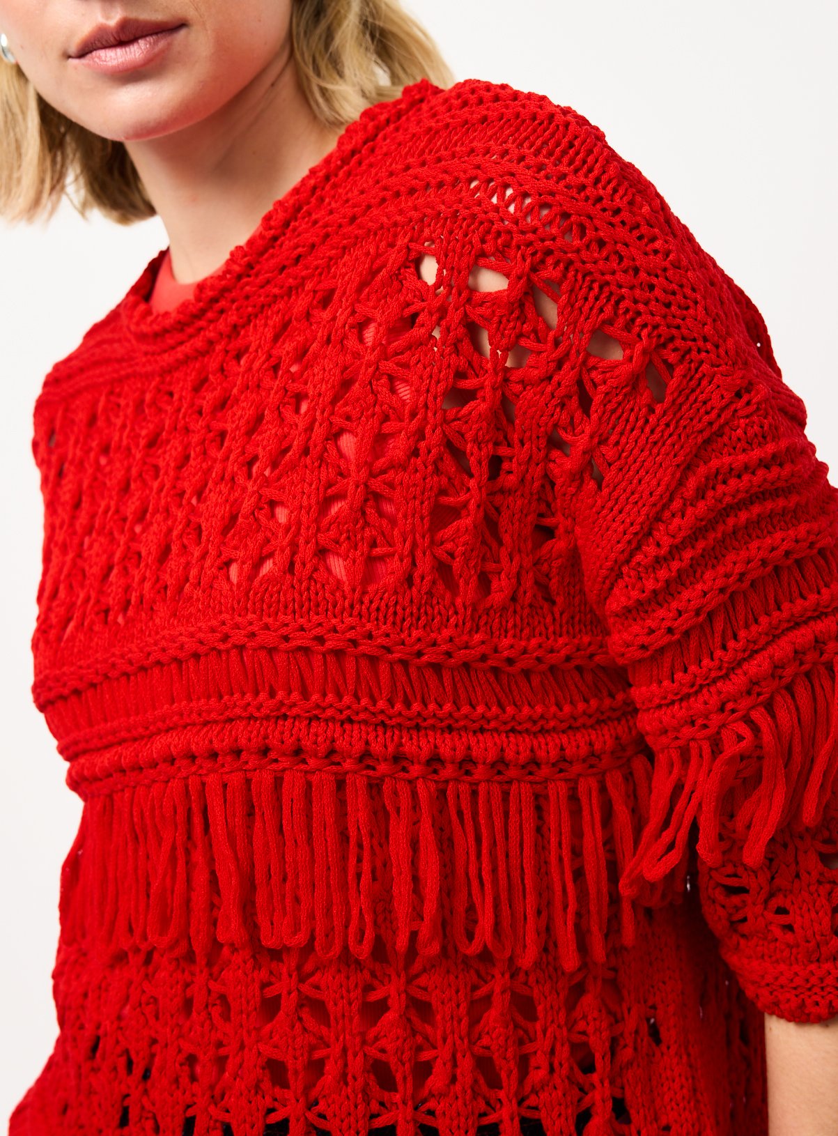 Buy Red Fringed Open Stitch Cable Knit Jumper L | Gifts for her