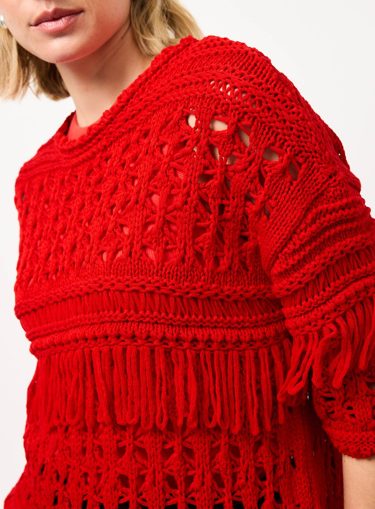 Red Fringed Open Stitch Cable Knit Jumper L - Image 3