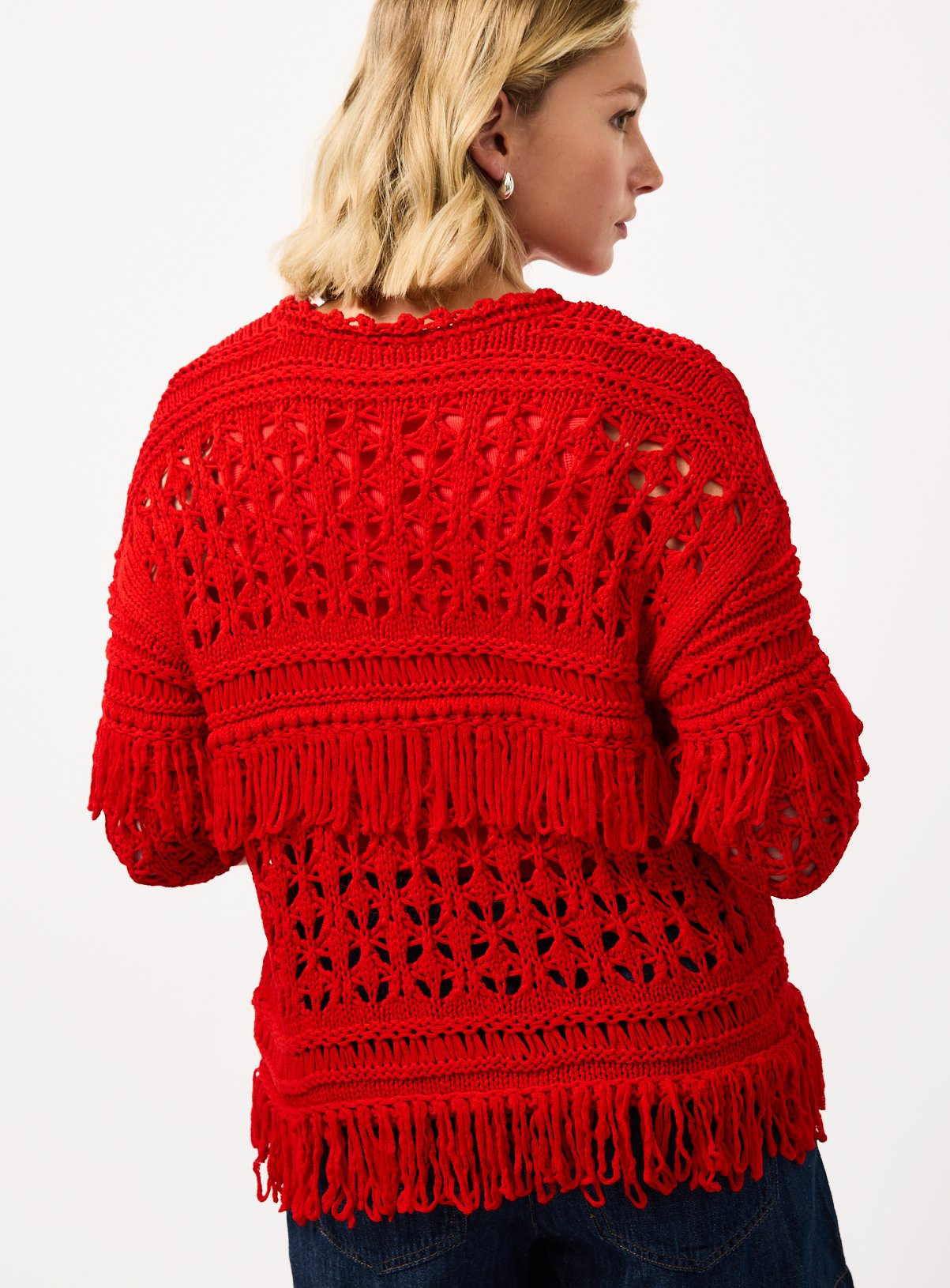 Buy Red Fringed Open Stitch Cable Knit Jumper L | Gifts for her
