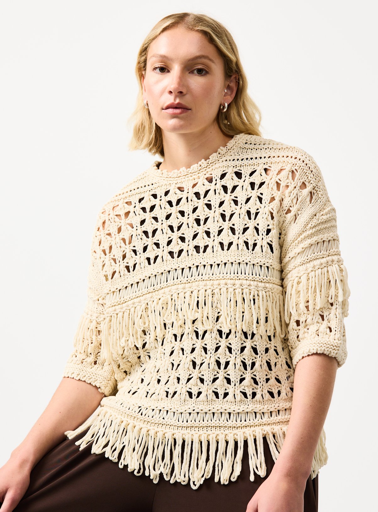 Buy Neutral Fringed Open Stitch Cable Knit Jumper L | Gifts for