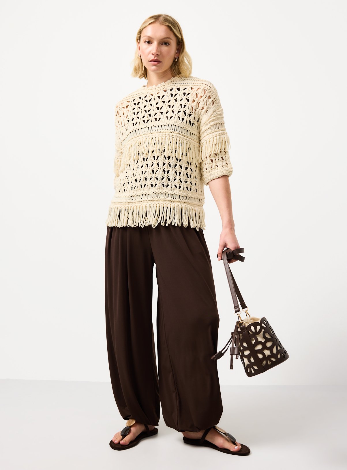 Neutral Fringed Open Stitch Cable Knit Jumper S - Image 2 thumbnail