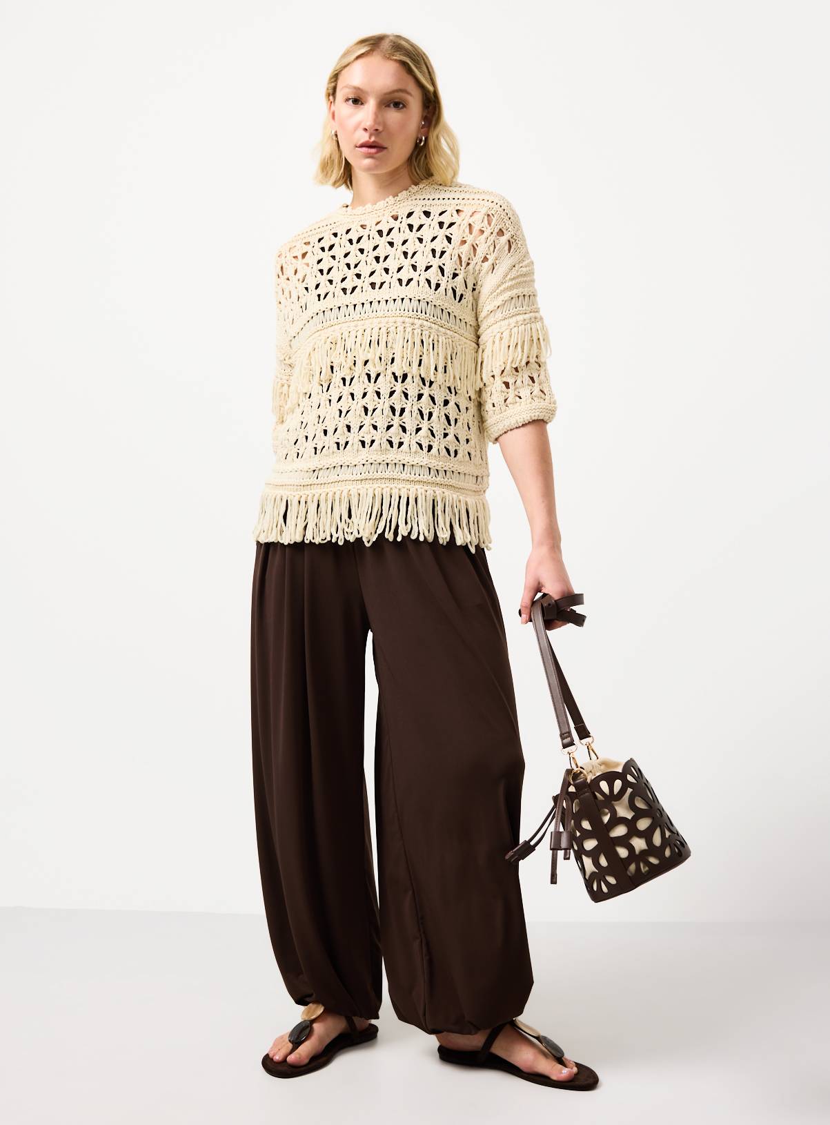 Neutral Fringed Open Stitch Cable Knit Jumper S - Image 2