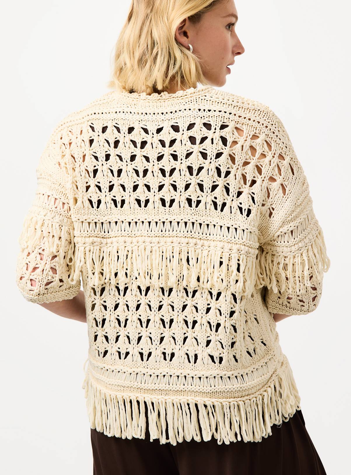 Neutral Fringed Open Stitch Cable Knit Jumper S - Image 4