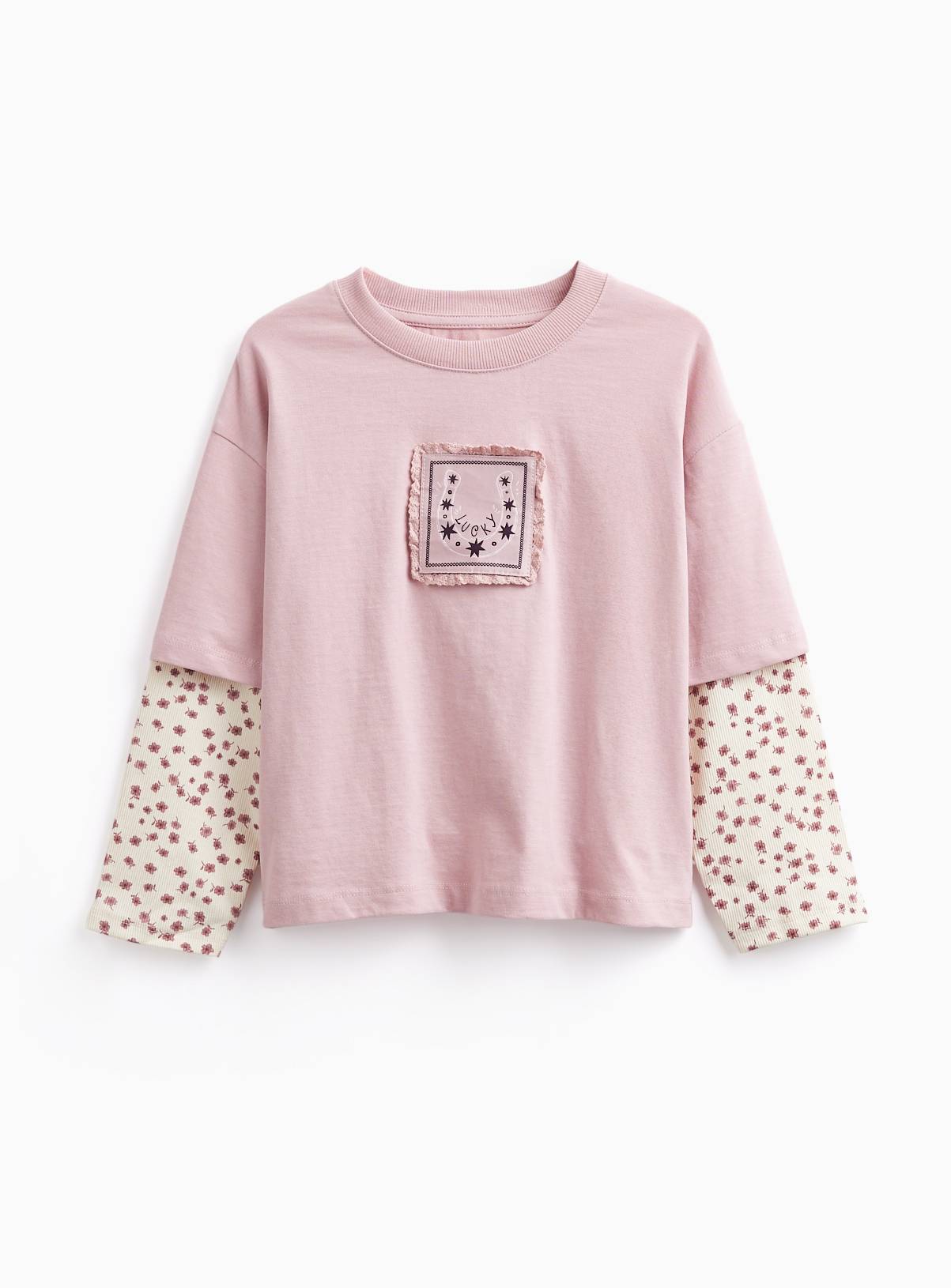 Pink Floral Mock Sleeve T-Shirt 2-3 years - Image 1