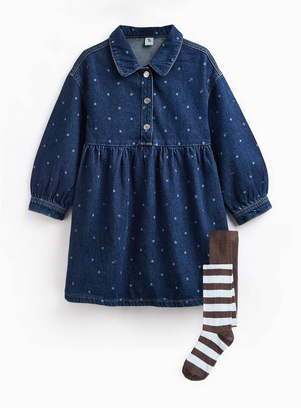 Dark Denim Polka Dot Print Shirt Dress & Tights Set 6-7 years