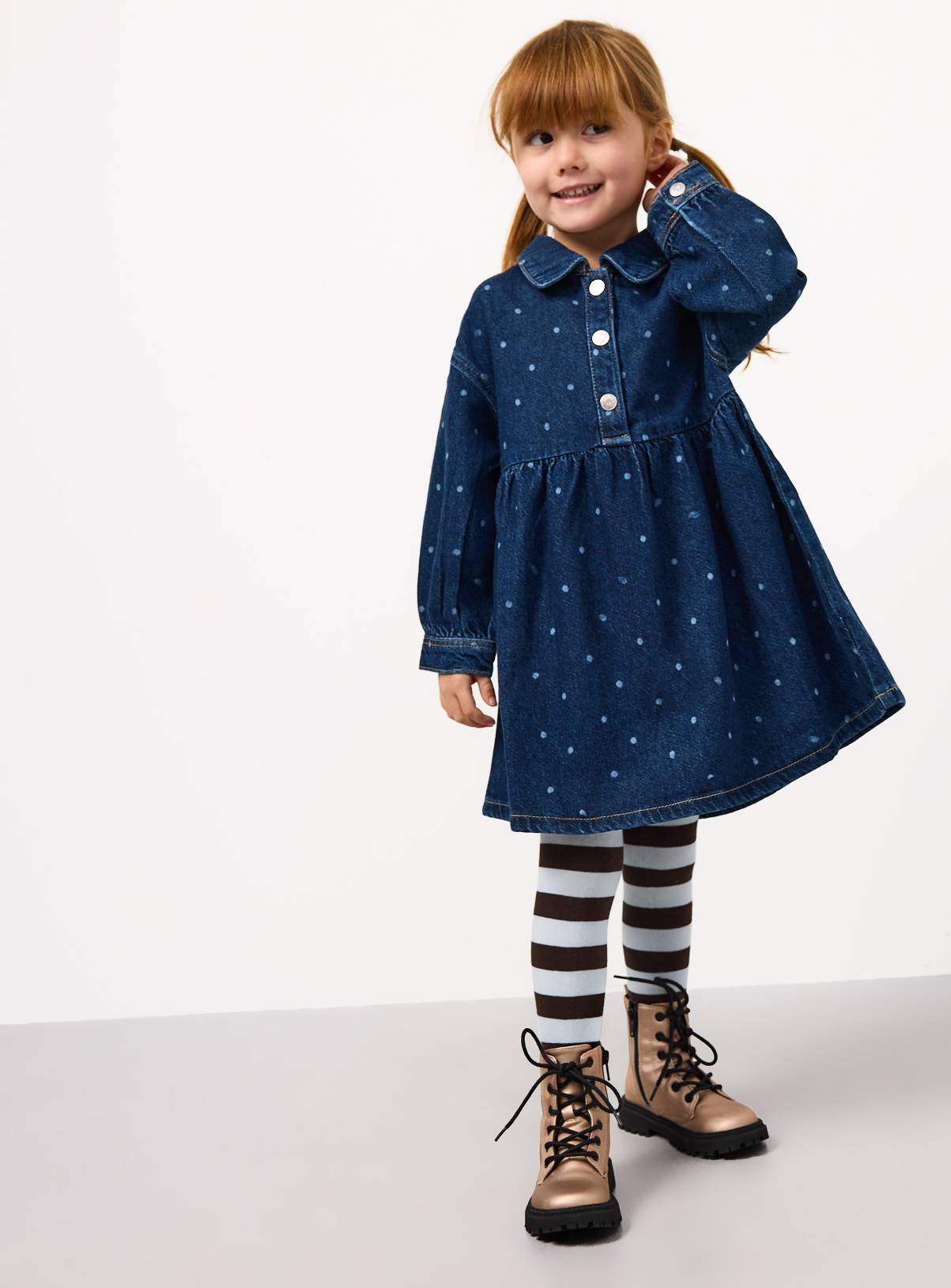 Dark Denim Polka Dot Print Shirt Dress & Tights Set 7-8 years - Image 1