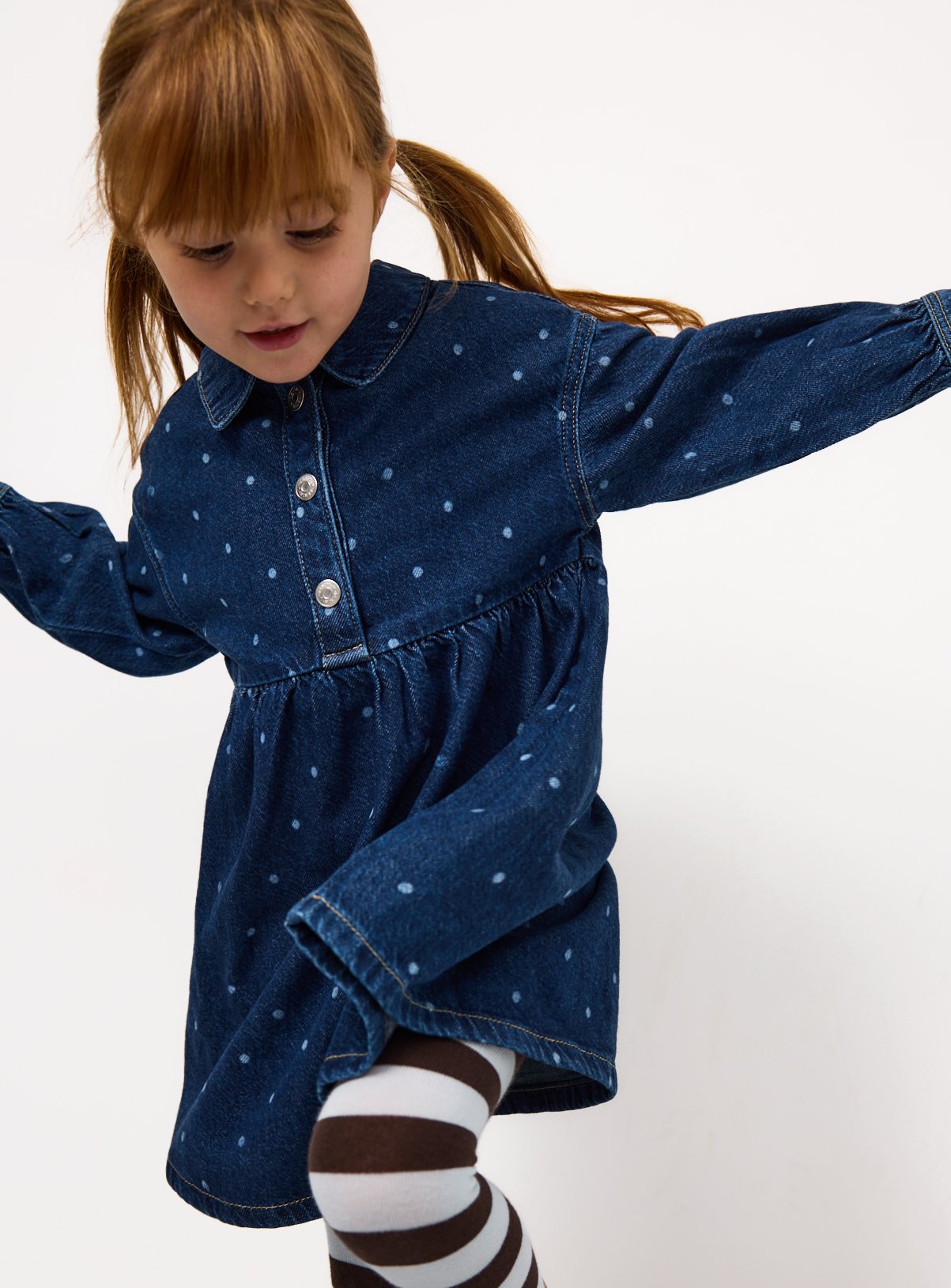 Dark Denim Polka Dot Print Shirt Dress & Tights Set 7-8 years - Image 2 thumbnail