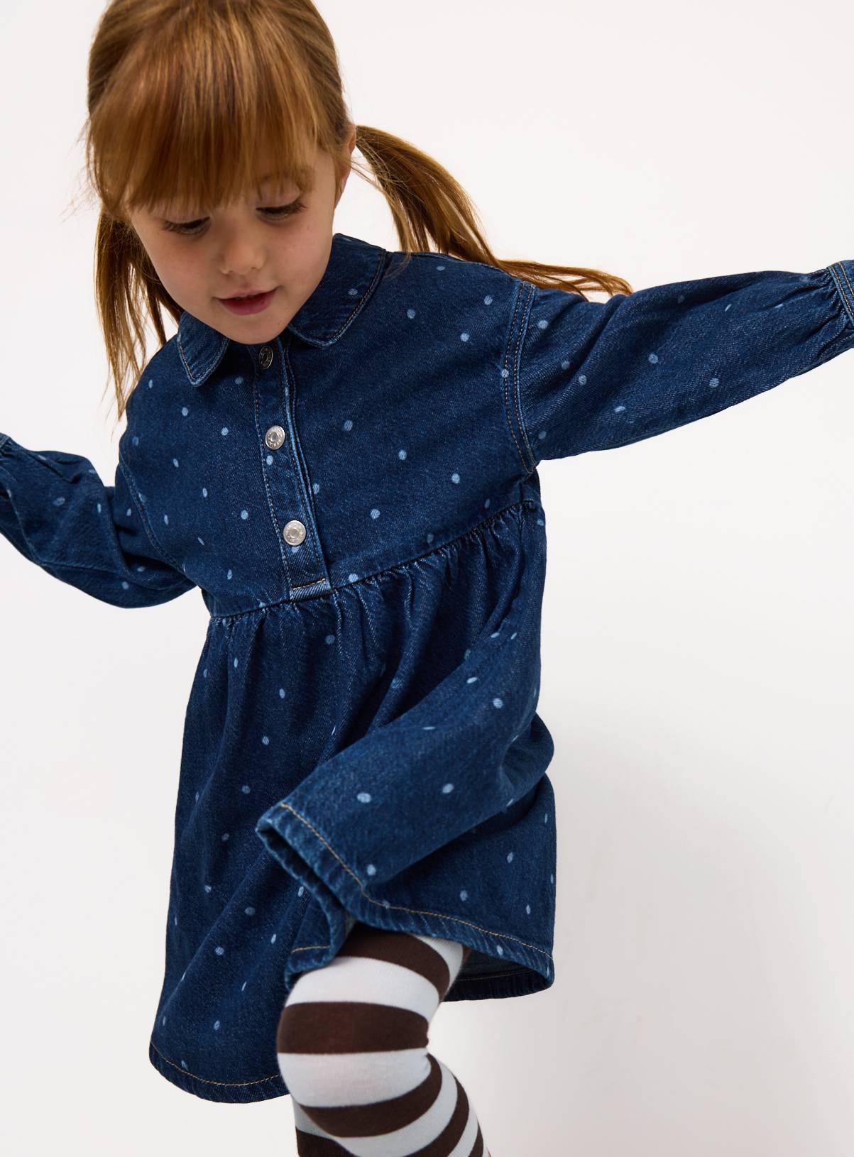 Dark Denim Polka Dot Print Shirt Dress & Tights Set 7-8 years - Image 2
