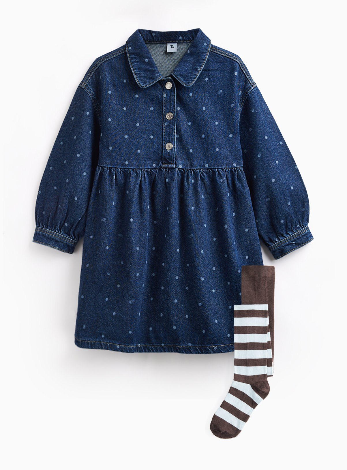 Dark Denim Polka Dot Print Shirt Dress & Tights Set 7-8 years - Image 3 thumbnail