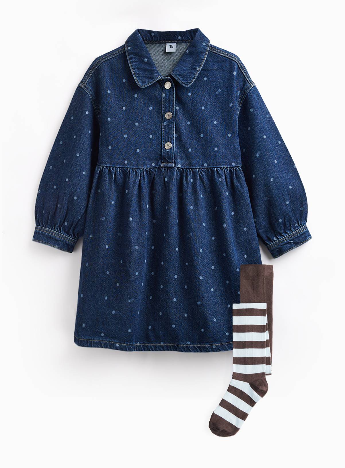 Dark Denim Polka Dot Print Shirt Dress & Tights Set 7-8 years - Image 3