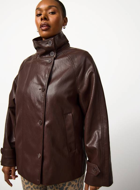 Brown PU Leather Funnel Neck Jacket M