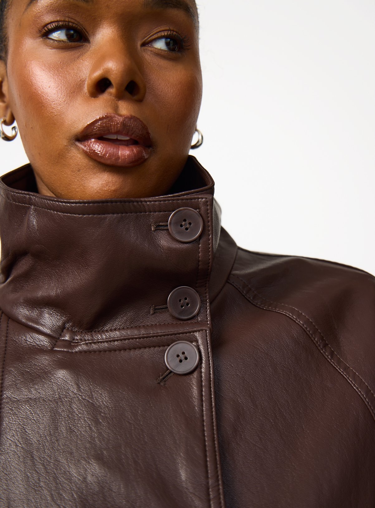 Brown PU Leather Funnel Neck Jacket M - Image 2 thumbnail
