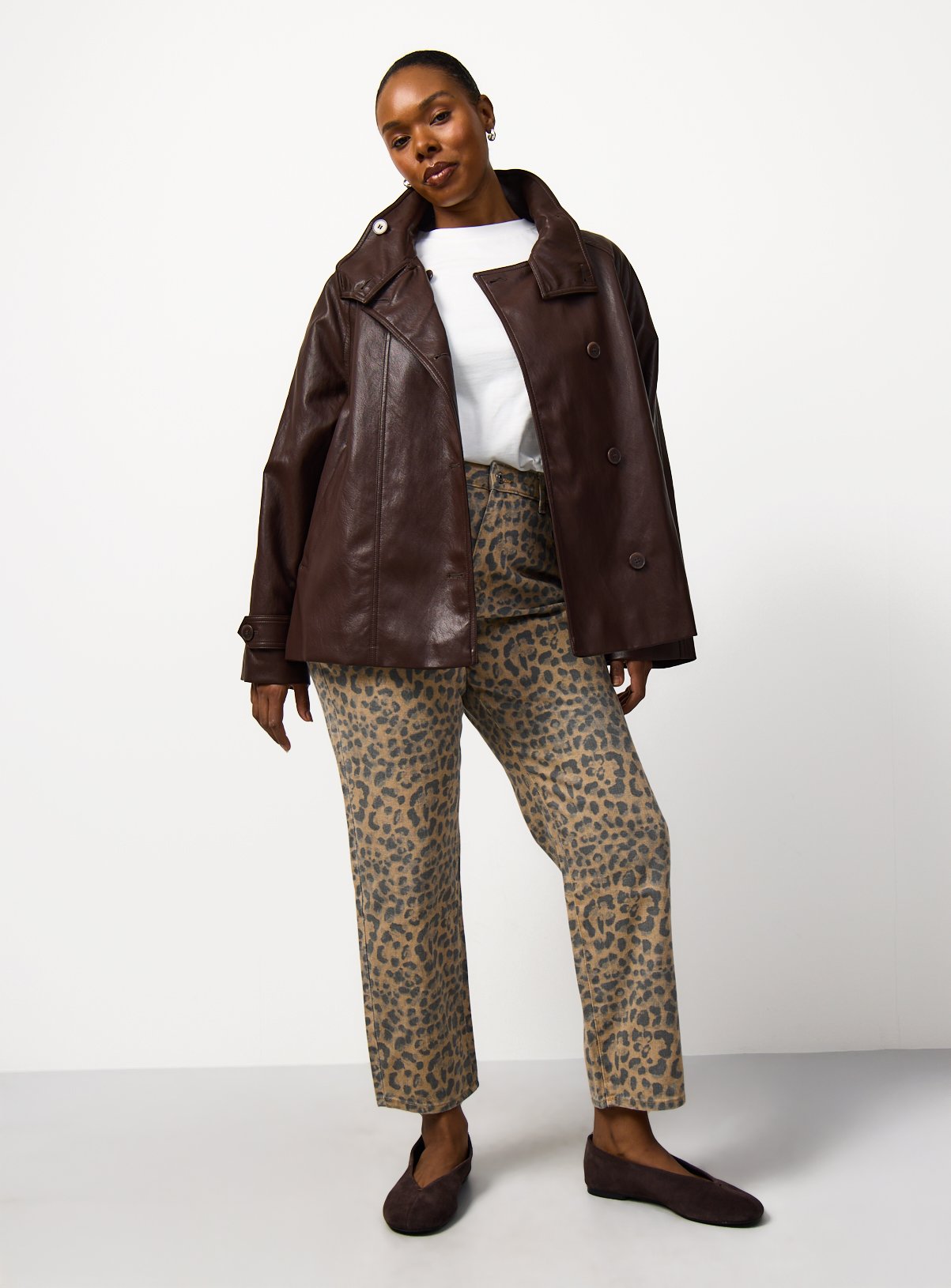 Brown PU Leather Funnel Neck Jacket M - Image 3 thumbnail