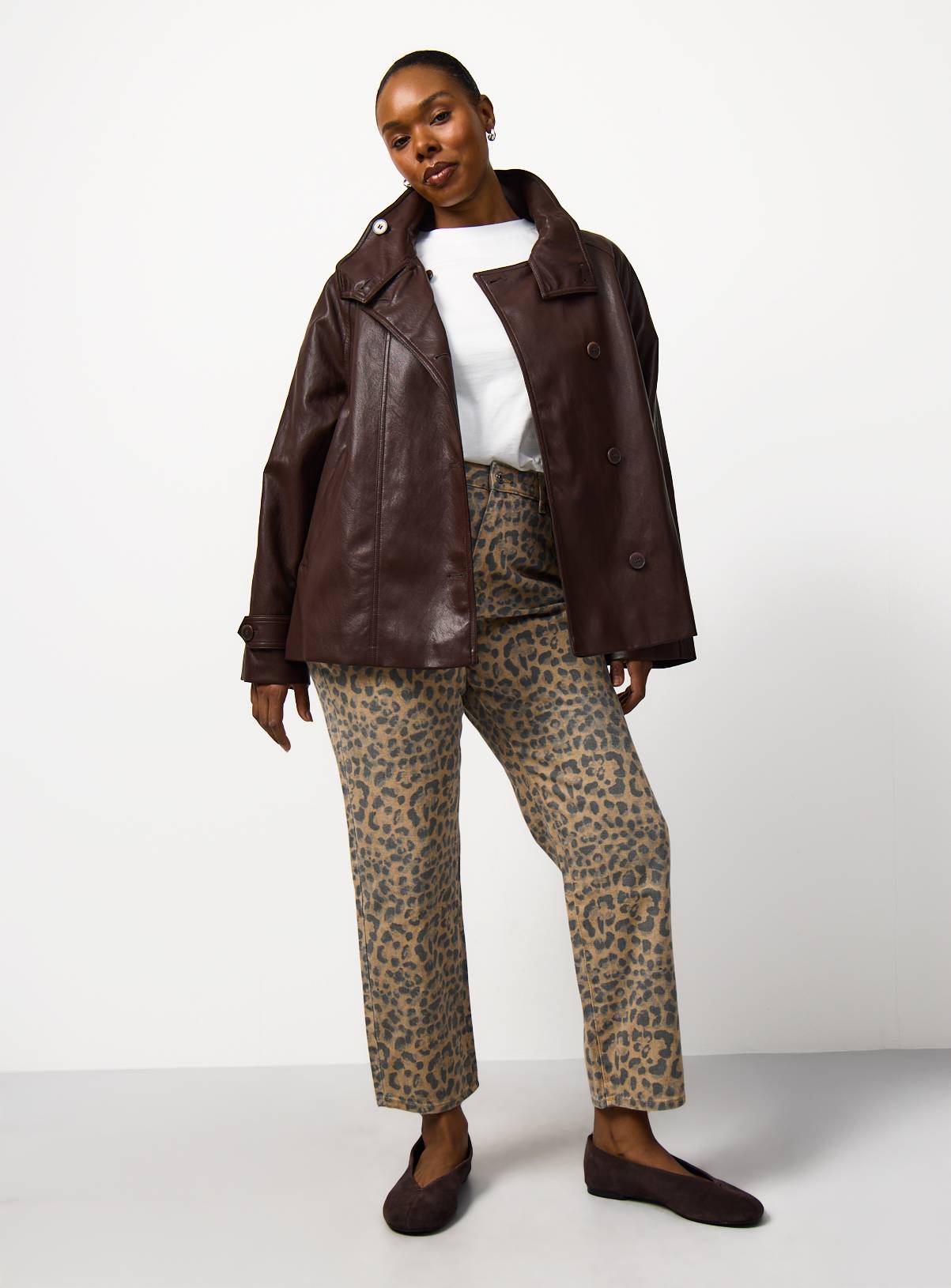 Brown PU Leather Funnel Neck Jacket M - Image 3