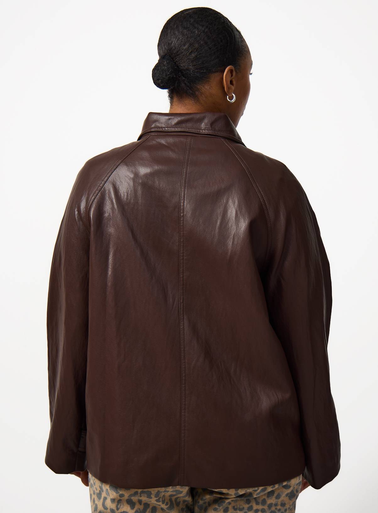 Brown PU Leather Funnel Neck Jacket M - Image 4