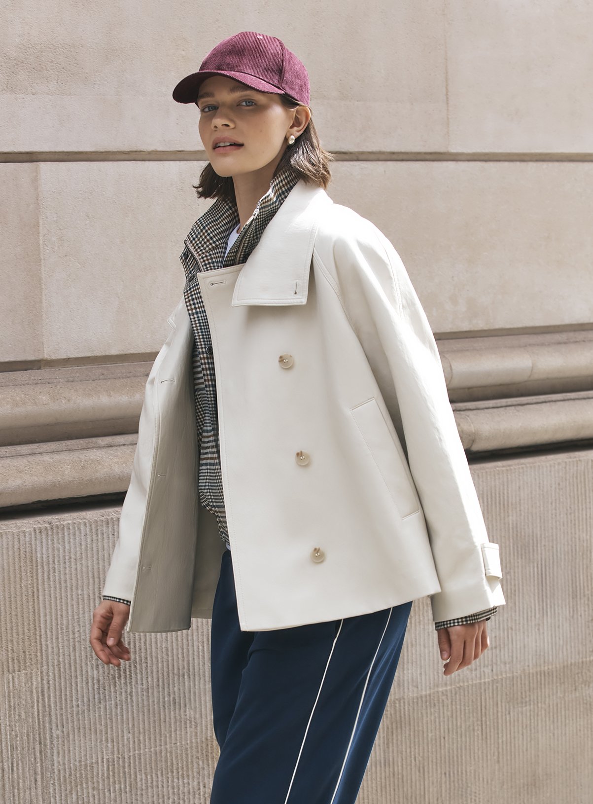 Cream PU Leather Funnel Neck Jacket L - Image 1 thumbnail