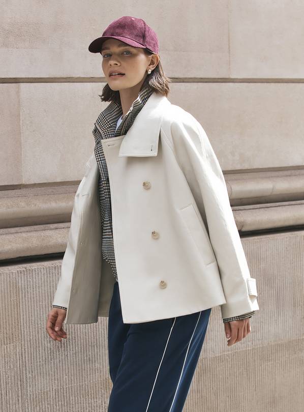 Cream PU Leather Funnel Neck Jacket L