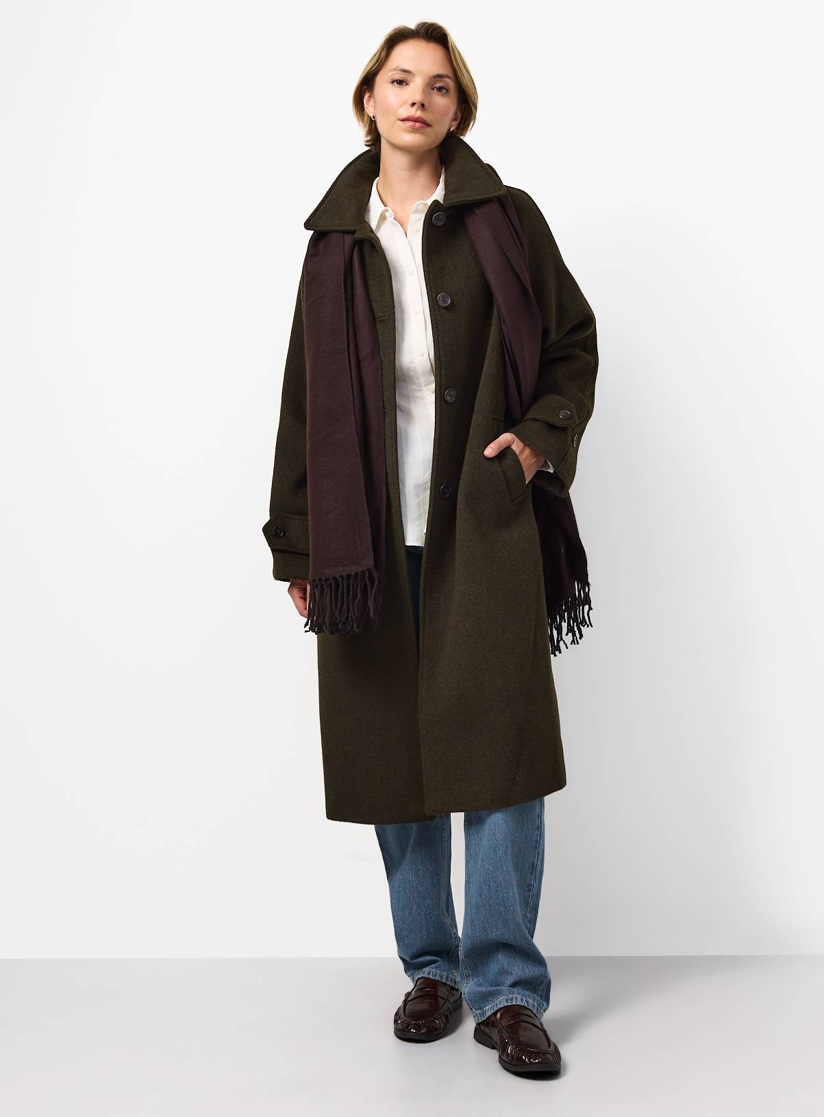 Khaki Wool Blend Longline Car Coat XS - Image 2