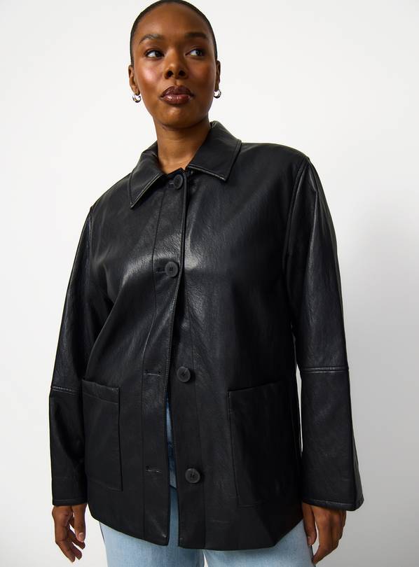 Black PU Leather Shirt Jacket XL