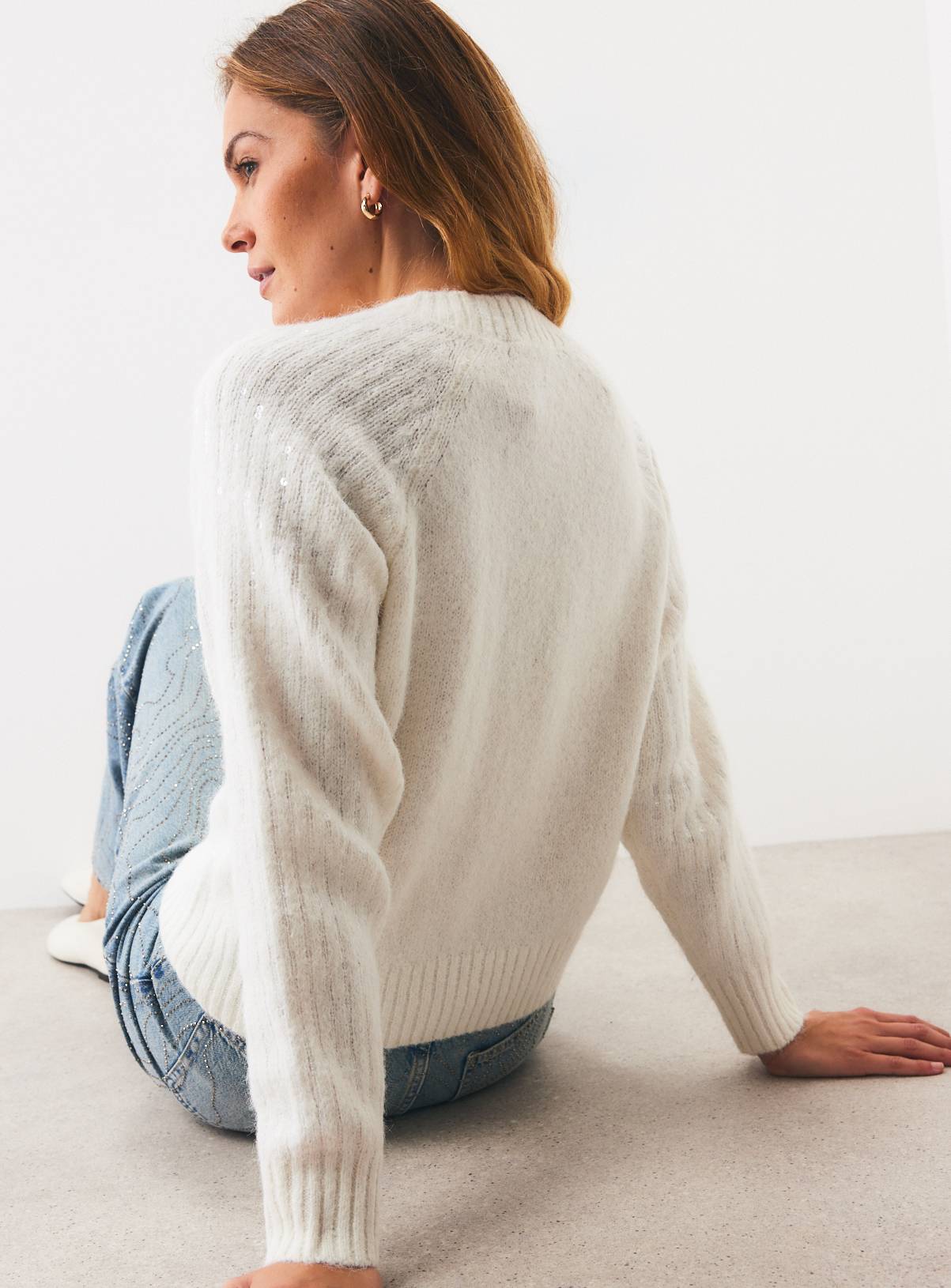 Cream Raglan Sequin Embroidered Crew Neck Jumper M - Image 4