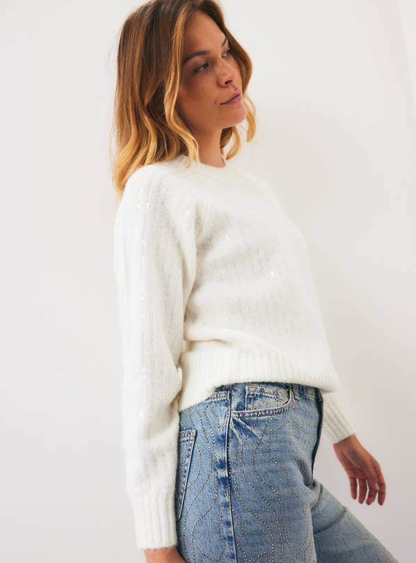 Cream Raglan Sequin Embroidered Crew Neck Jumper L