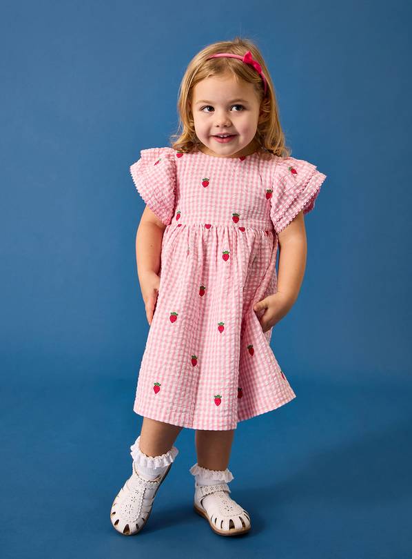 JOJO MAMAN BÉBÉ Strawberry Embroidered Gingham Frill Sleeve Dress 7-8 Years