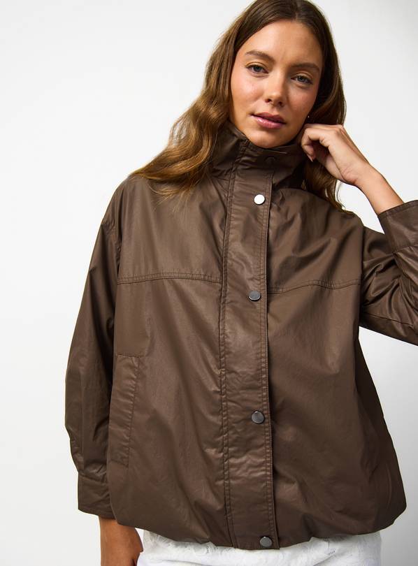 Brown Coated Funnel Neckline Bomber Jacket XL