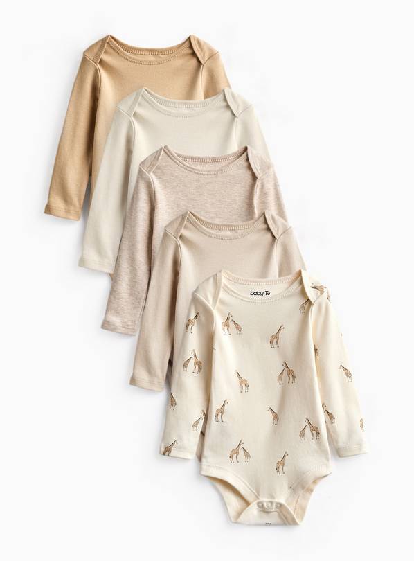 Cream Giraffe 5 Pack Long Sleeve Bodysuits Up to 3 mths