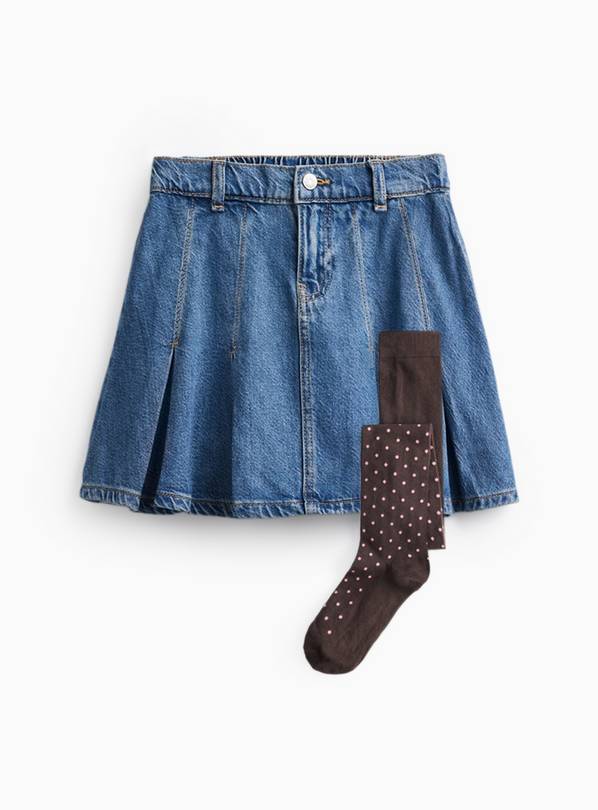 Washed Denim Pleated Skirt & Polkadot Tight 2 Piece  3-4 years