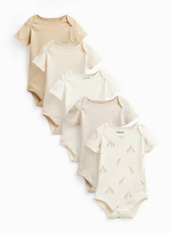 Cream & Giraffe Print Short Sleeve Bodysuits 5 Pack Newborn