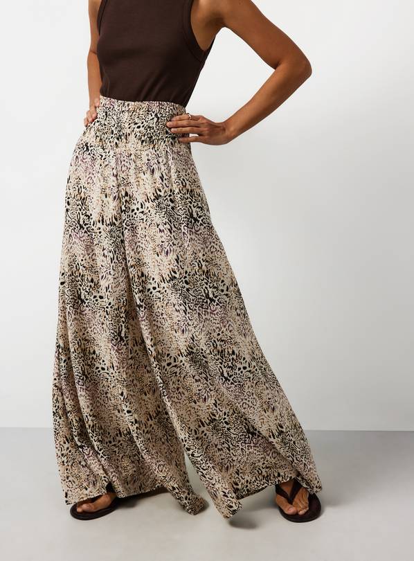 Beige Animal Print Shirred Waist Palazzo Trousers 22