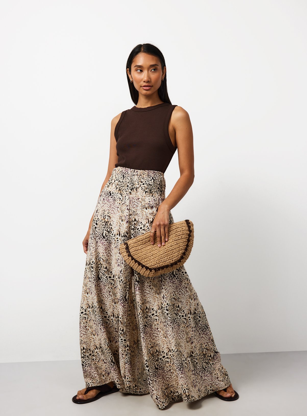 Beige Animal Print Shirred Waist Palazzo Trousers 14 - Image 2 thumbnail