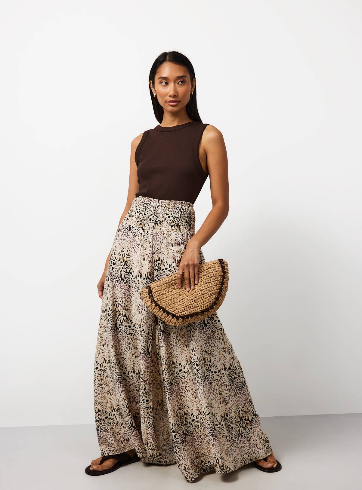 Beige Animal Print Shirred Waist Palazzo Trousers 14 - Image 2