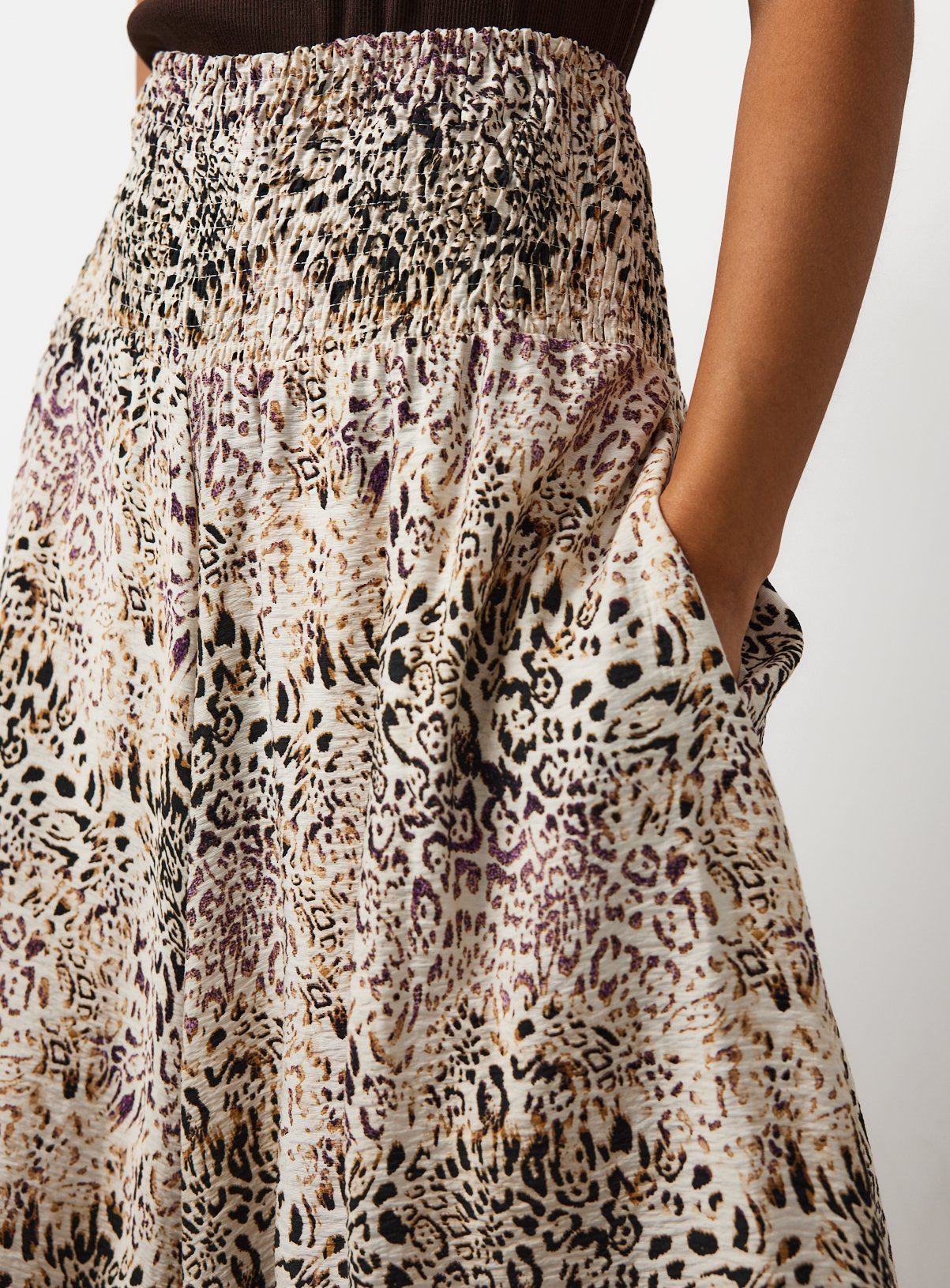 Beige Animal Print Shirred Waist Palazzo Trousers 14 - Image 3 thumbnail